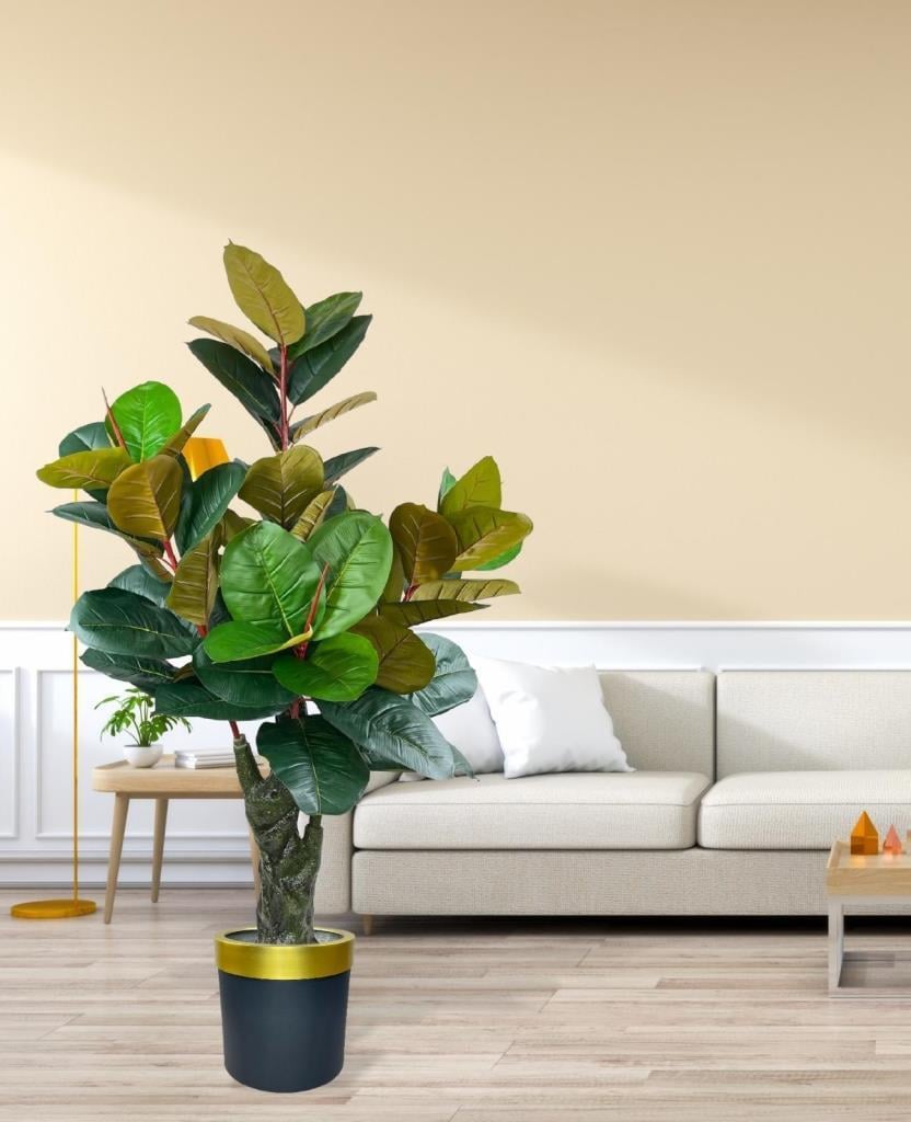 Yapay Ağaç Kauçuk Ağacı Metal Gold Kemerli Saksıda Ficus Elastica Salon Çiçeği 150*90 61 Yaprak