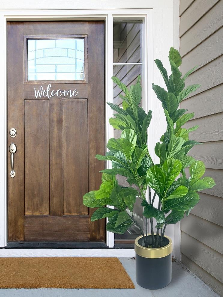 Yapay Ağaç Keman Yapraklı Kavuçuk Yeşil Salon Bitkisi Siyah Gold Galvaniz Saksıda 140cm