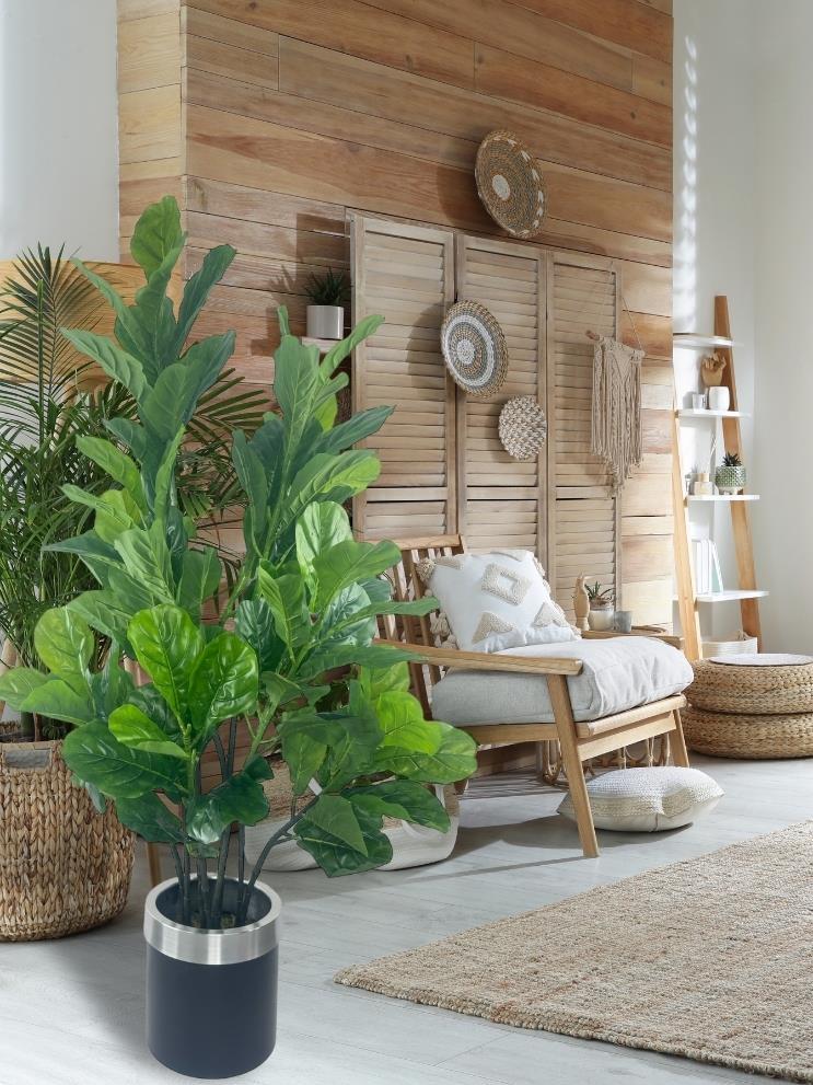 Yapay Ağaç Keman Yapraklı Kavuçuk Yeşil Salon Bitkisi Siyah Gümüş Galvaniz Saksıda 140cm