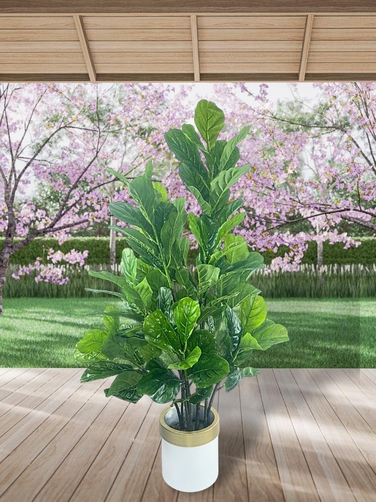 Yapay Ağaç Keman Yapraklı Kavuçuk Yeşil Salon Bitkisi Beyaz Gold Galvaniz Saksıda 140cm