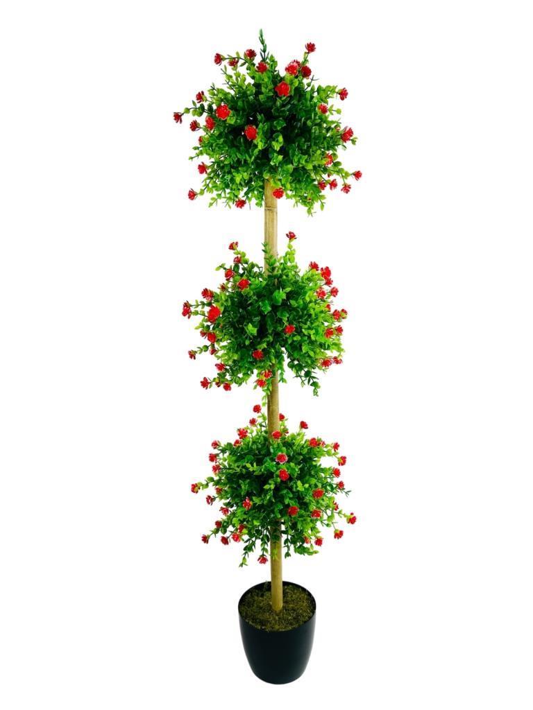 Yapay Ağaç Kırmızı Mineli Şimşir Top Siyah Saksılı 115*30cm 