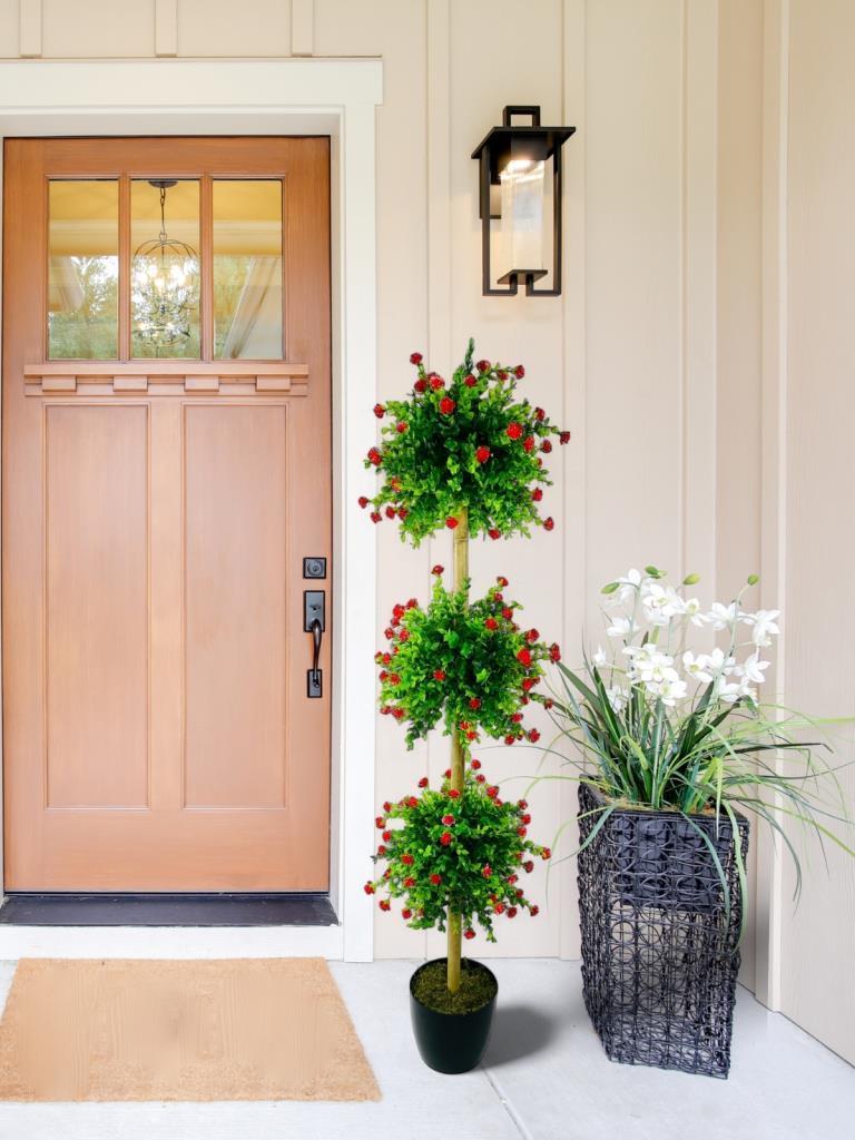 Yapay Ağaç Kırmızı Mineli Şimşir Top Siyah Saksılı 115*30cm 