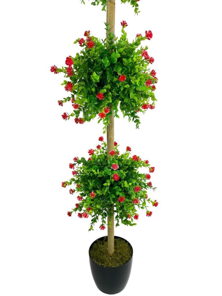 Yapay Ağaç Kırmızı Mineli Şimşir Top Siyah Saksılı 115*30cm 