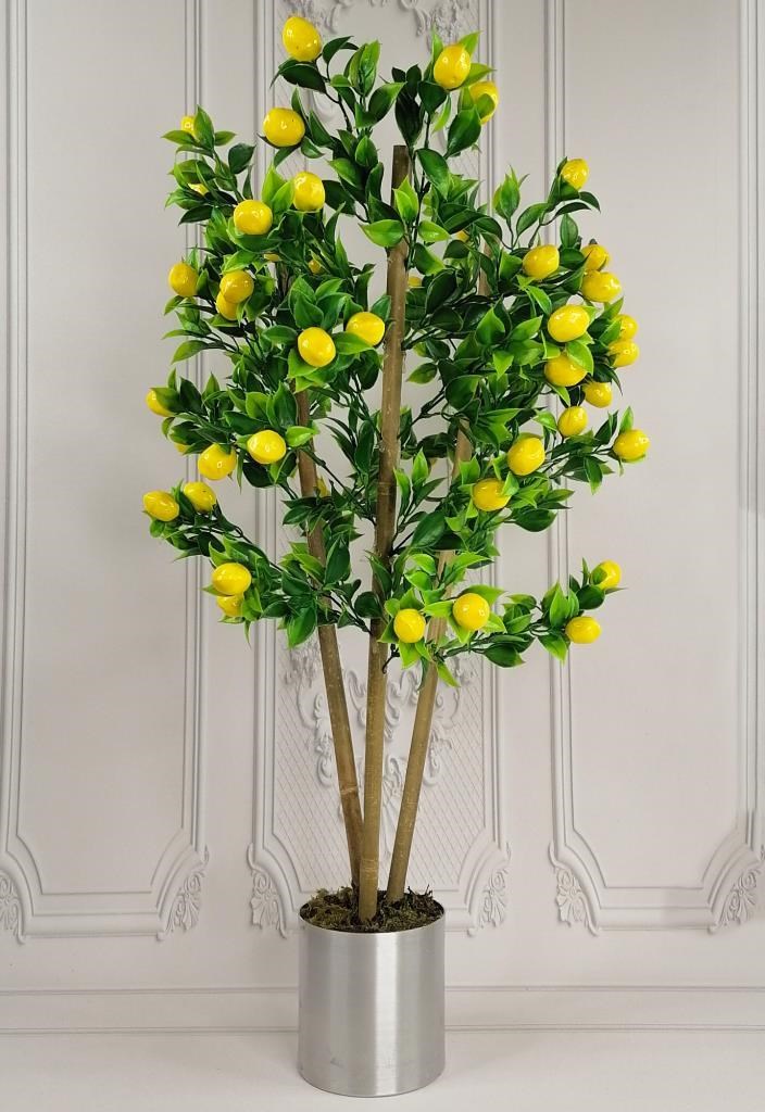 Yapay Ağaç Limon Ağacı Gür Yapraklı 80cm Bambu Dalında Gümüş Paslanmaz Aleminyum Saksılı 