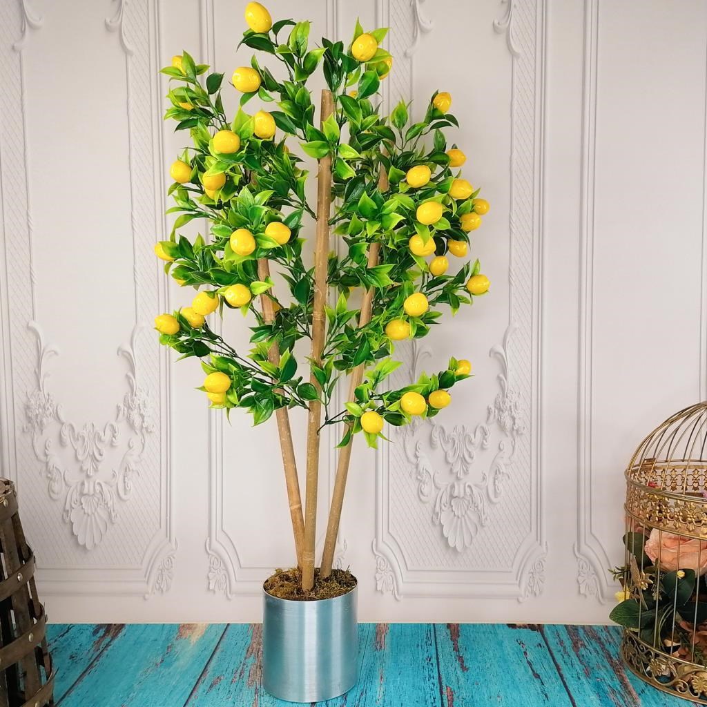 Yapay Ağaç Limon Ağacı Gür Yapraklı 80cm Bambu Dalında Gümüş Paslanmaz Aleminyum Saksılı 