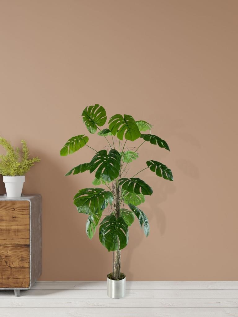 Yapay Ağaç Monstera 18 Dallı Çalılı Gövde 120x60cm Gümüş Aleminyum Saksıda