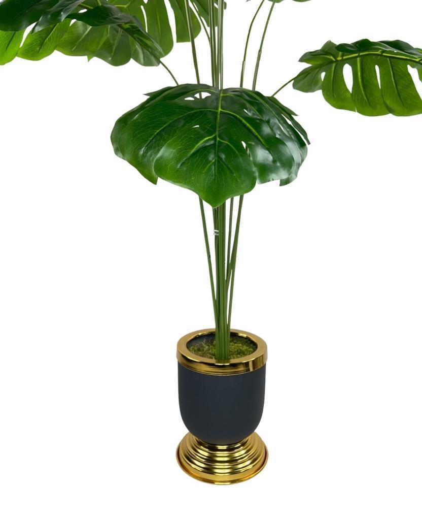Yapay Ağaç Monstera Ağacı Salon Bitkisi Siyah Gold Metal Vazoda 130 cm 12 Yaprak