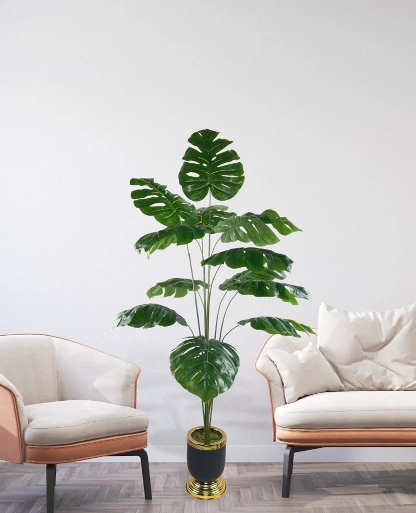 Yapay Ağaç Monstera Ağacı Salon Bitkisi Siyah Gold Metal Vazoda 130 cm 12 Yaprak