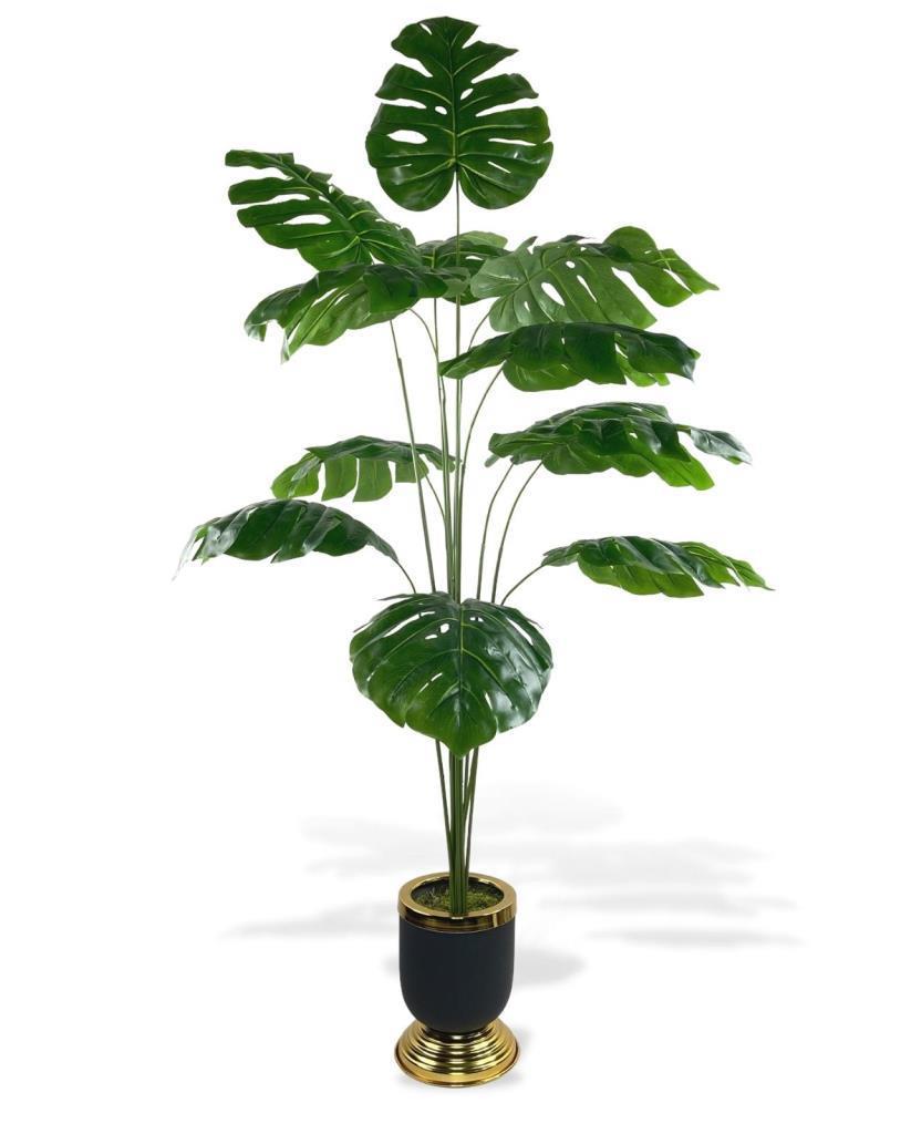 Yapay Ağaç Monstera Ağacı Salon Bitkisi Siyah Gold Metal Vazoda 130 cm 12 Yaprak