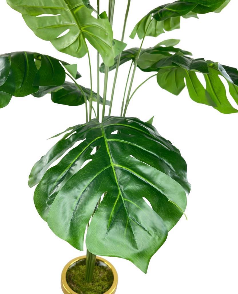 Yapay Ağaç Monstera Ağacı Salon Bitkisi Siyah Gold Metal Vazoda 130 cm 12 Yaprak
