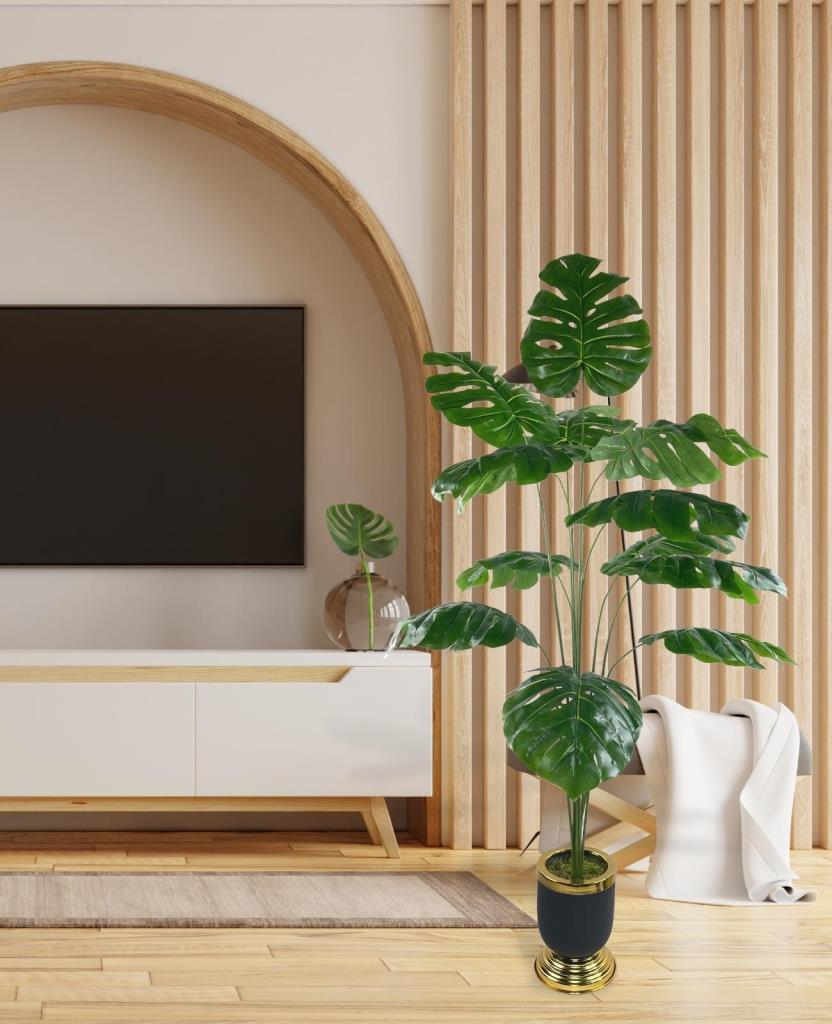 Yapay Ağaç Monstera Ağacı Salon Bitkisi Siyah Gold Metal Vazoda 130 cm 12 Yaprak