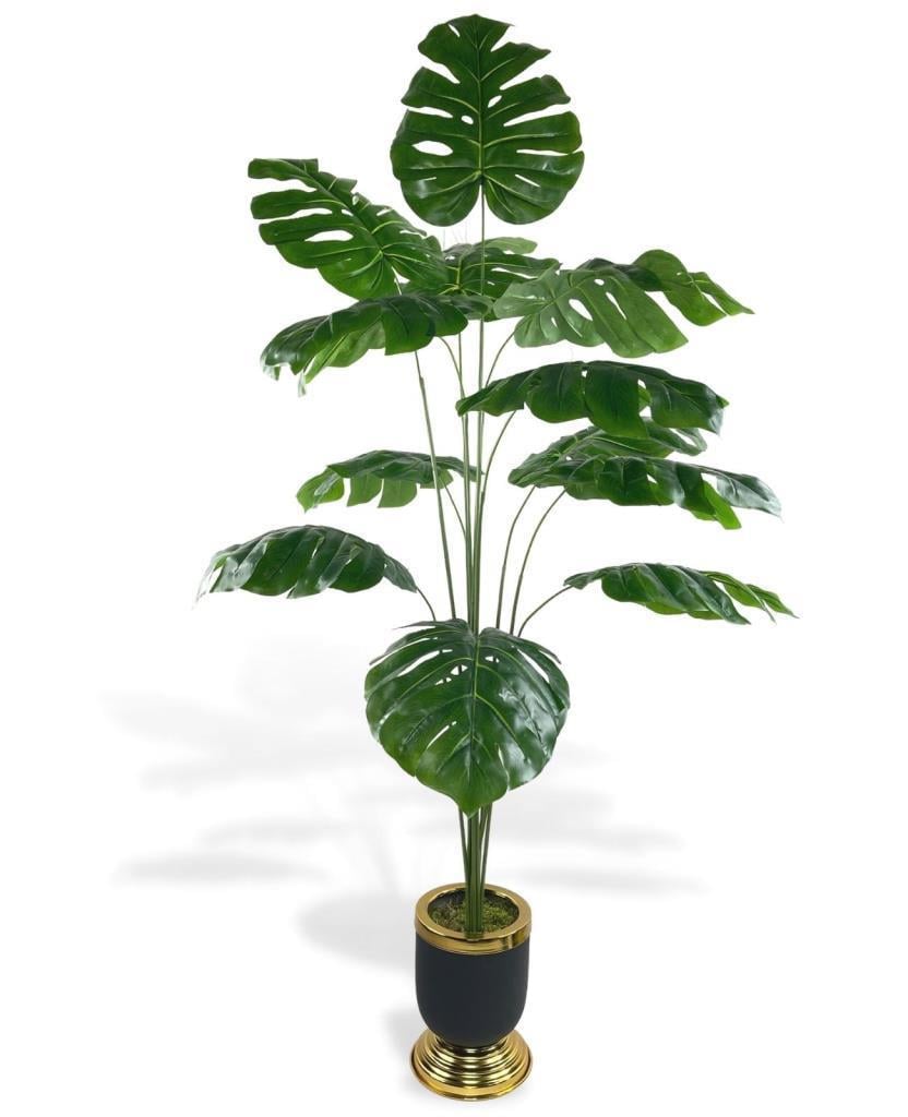 Yapay Ağaç Monstera Ağacı Salon Bitkisi Siyah Gold Metal Vazoda 130 cm 12 Yaprak