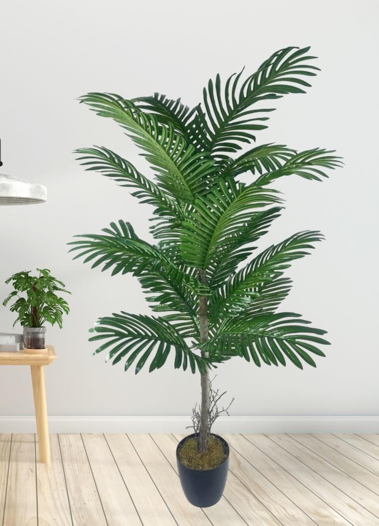Yapay Ağaç Palmiye 16Yaprak Areka Ağacı Siyah Saksıda Tek Gövdeli 150*70Cm