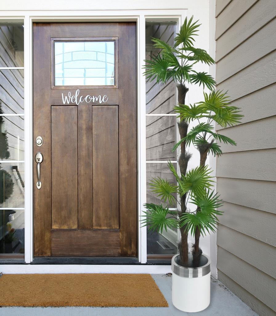 Yapay Ağaç Palmiye Fanpalm 3Katlı 24Yaprak Gümüş Kemerli Beyaz Saksıda 165*65cm