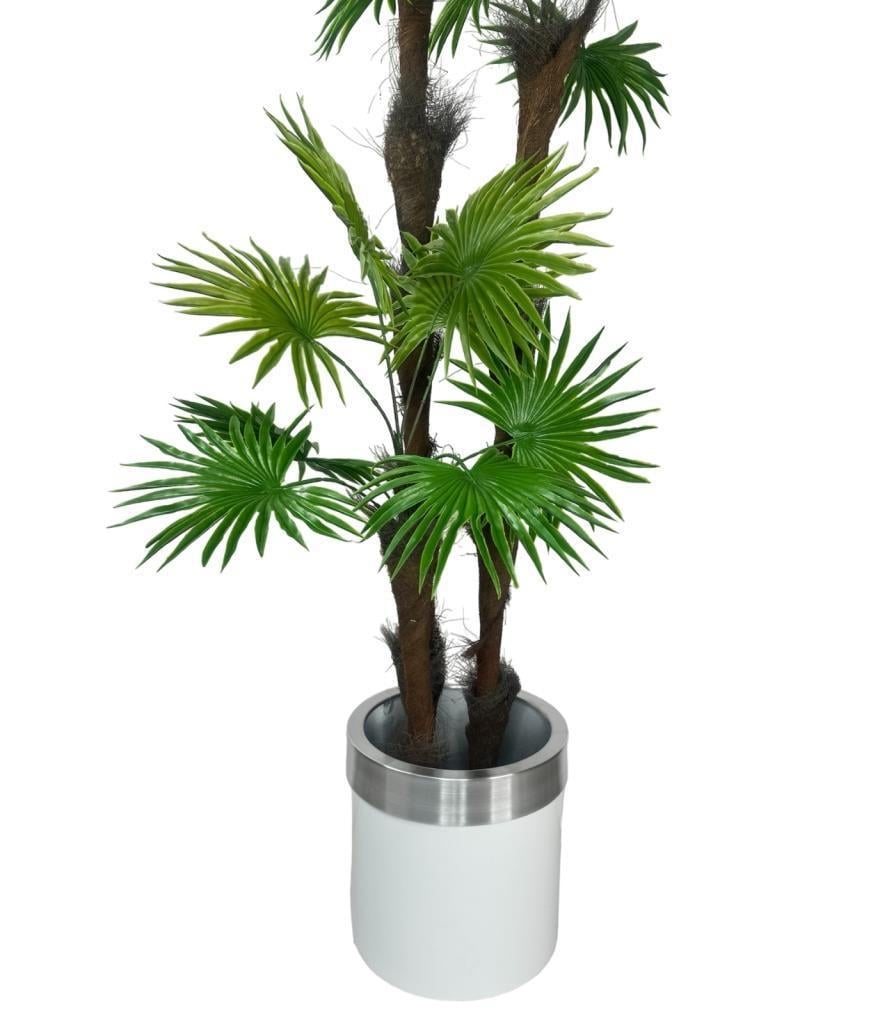 Yapay Ağaç Palmiye Fanpalm 3Katlı 24Yaprak Gümüş Kemerli Beyaz Saksıda 165*65cm