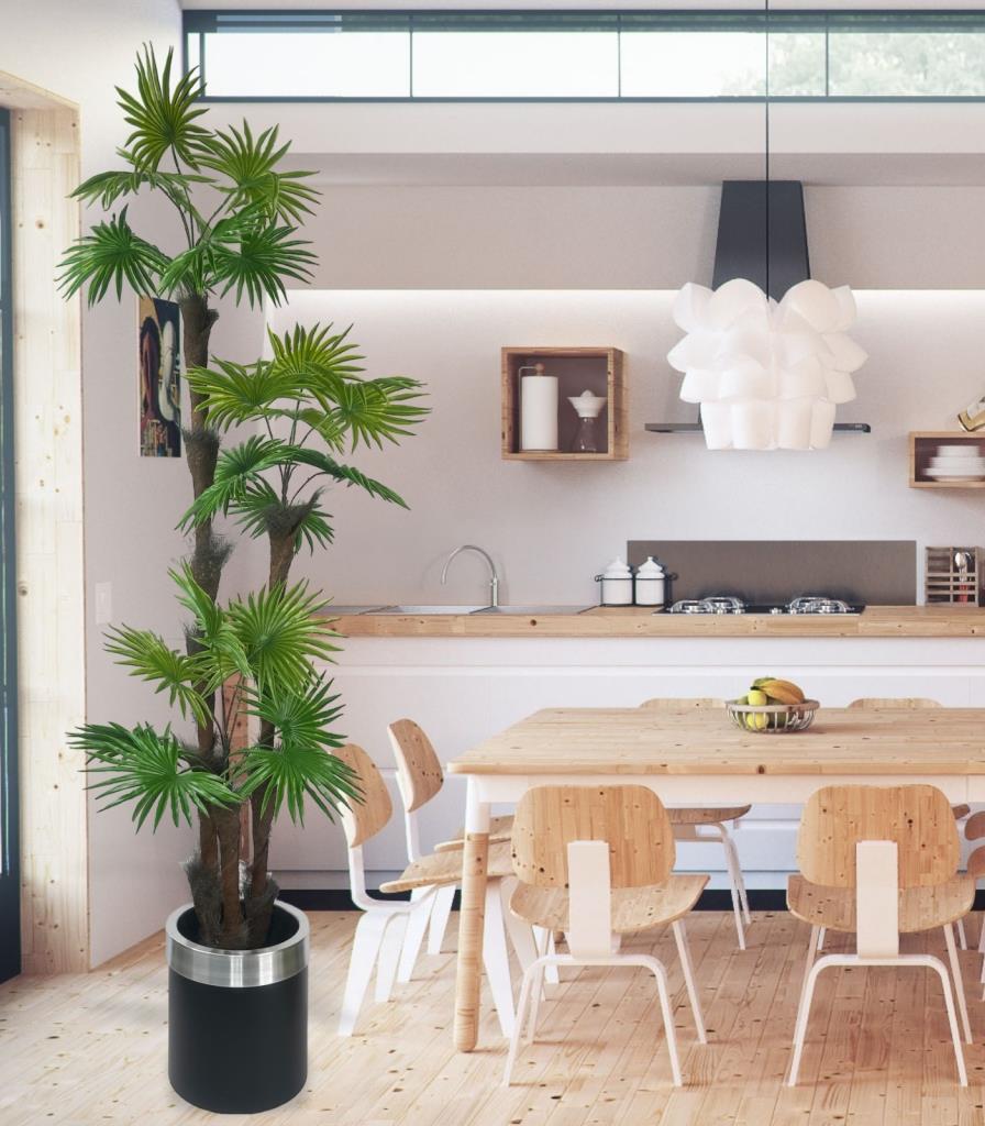 Yapay Ağaç Palmiye Fanpalm 3Katlı 24Yaprak Gümüş Kemerli Siyah Saksıda 165*65cm