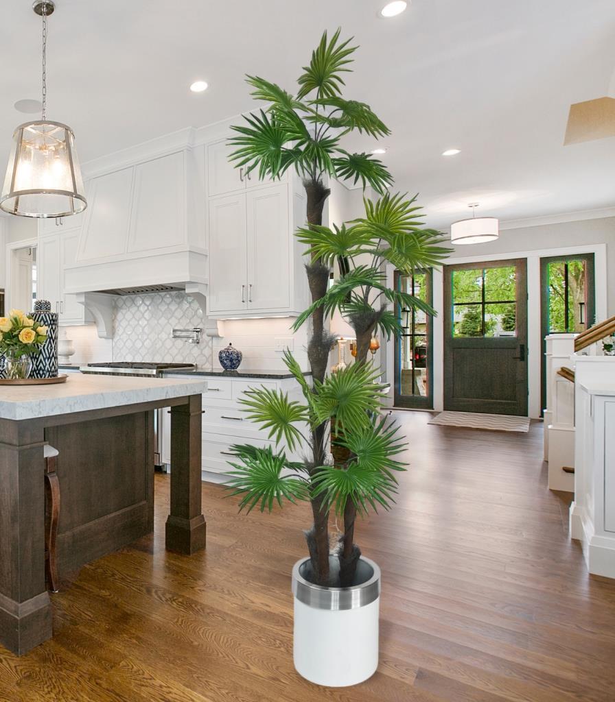 Yapay Ağaç Palmiye Fanpalm 3Katlı 24Yaprak Gümüş Kemerli Beyaz Saksıda 165*65cm