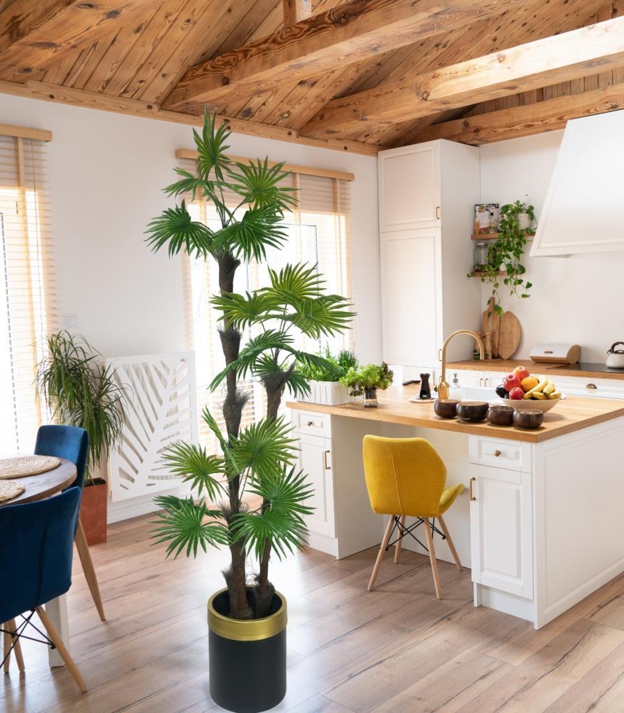 Yapay Ağaç Palmiye Fanpalm 3Katlı 24Yaprak Gold Kemerli Siyah Saksıda 165*65cm