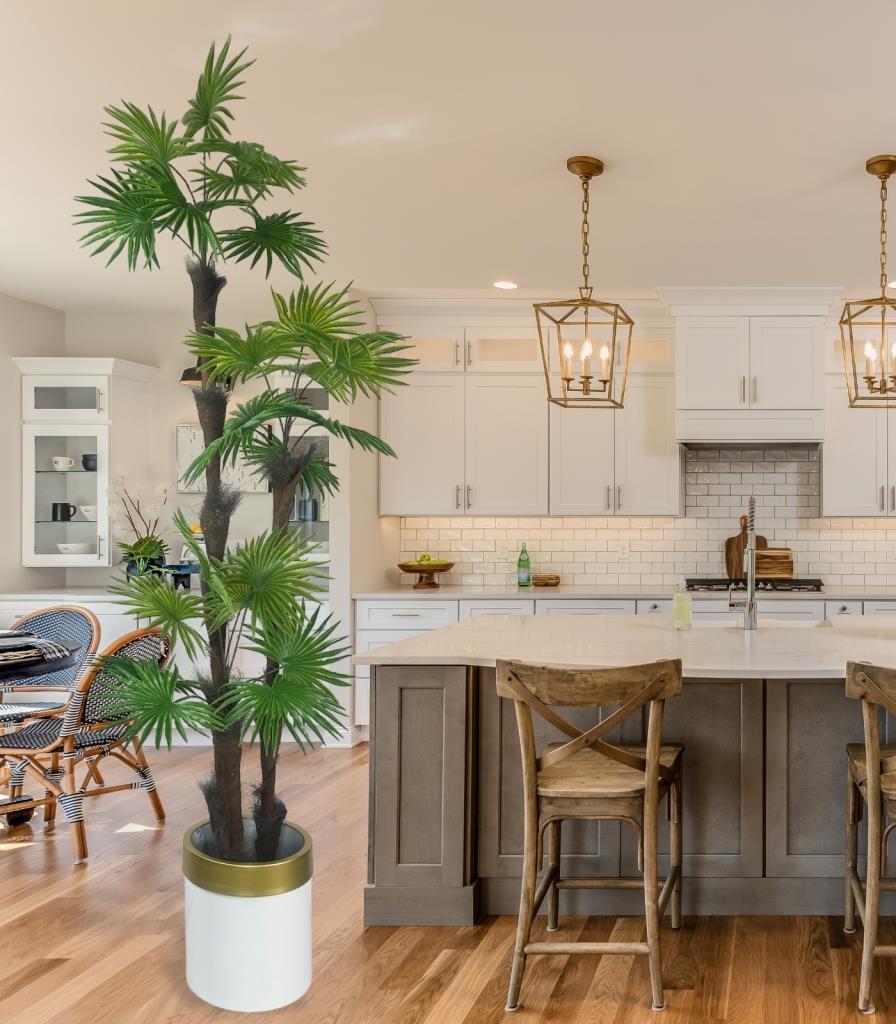 Yapay Ağaç Palmiye Fanpalm 3Katlı 24Yaprak Gold Kemerli Beyaz Saksıda 165*65cm