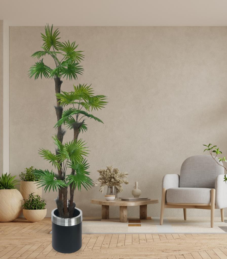 Yapay Ağaç Palmiye Fanpalm 3Katlı 24Yaprak Gümüş Kemerli Siyah Saksıda 165*65cm