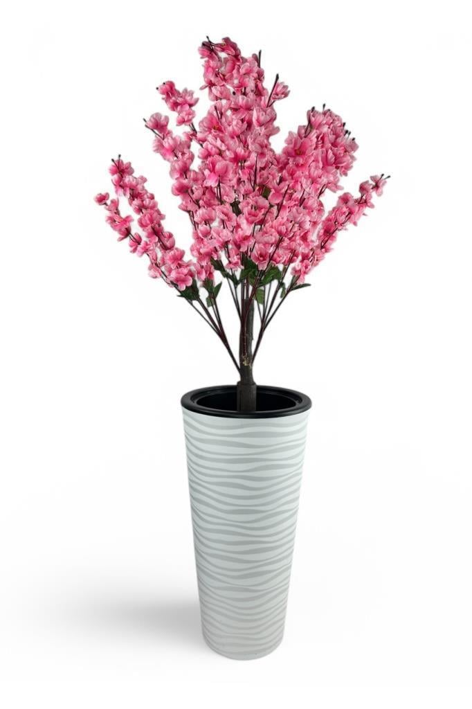 Yapay Ağaç Pembe Bahardalı Ağacı Beyaz Kumsal Vazoda 130cm Japon Kiraz Çiçeği