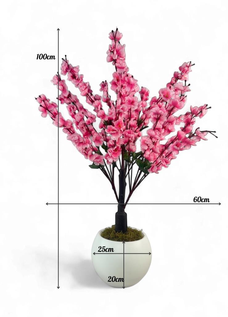 Yapay Ağaç Pembe Bahardalı Ağacı Beyaz Küre Saksıda 100cm Japon Kiraz Çiçeği