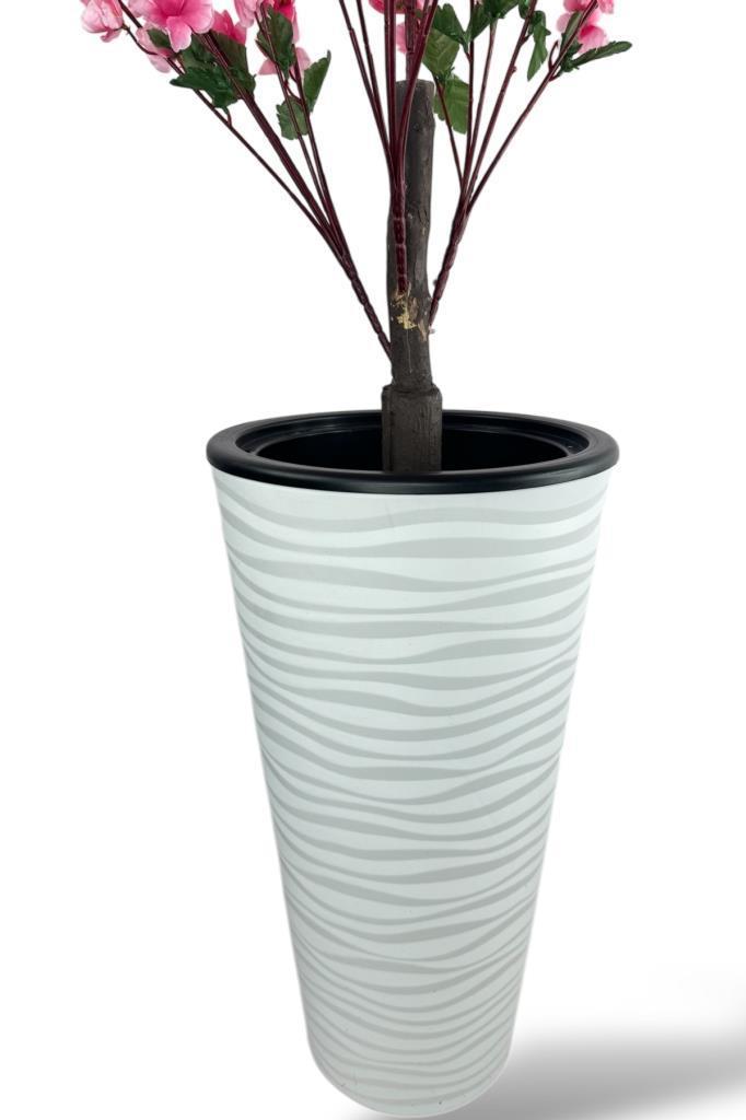 Yapay Ağaç Pembe Bahardalı Ağacı Beyaz Kumsal Vazoda 130cm Japon Kiraz Çiçeği