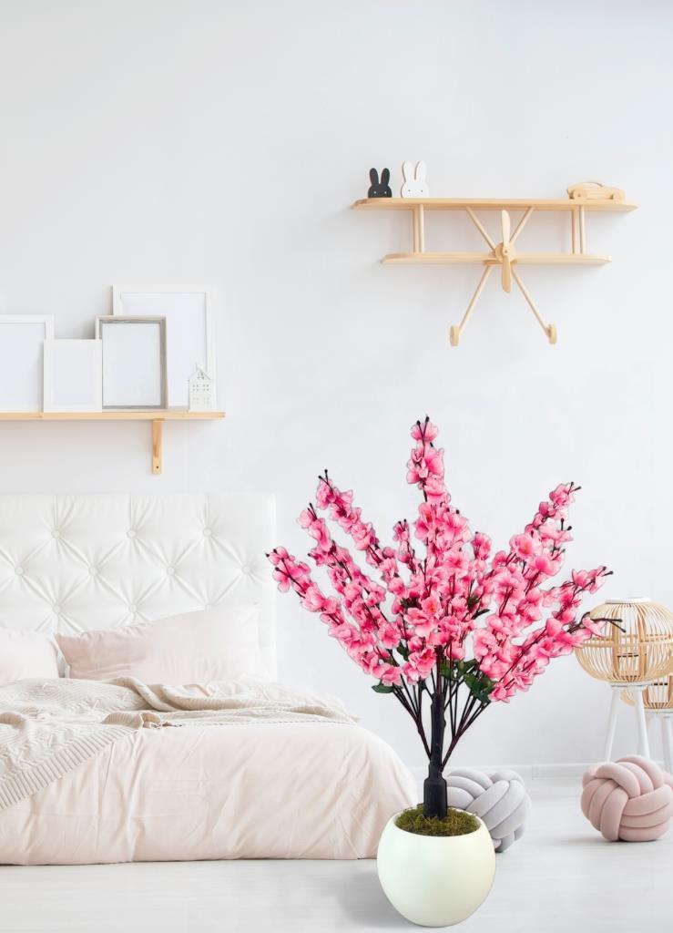 Yapay Ağaç Pembe Bahardalı Ağacı Beyaz Küre Saksıda 100cm Japon Kiraz Çiçeği