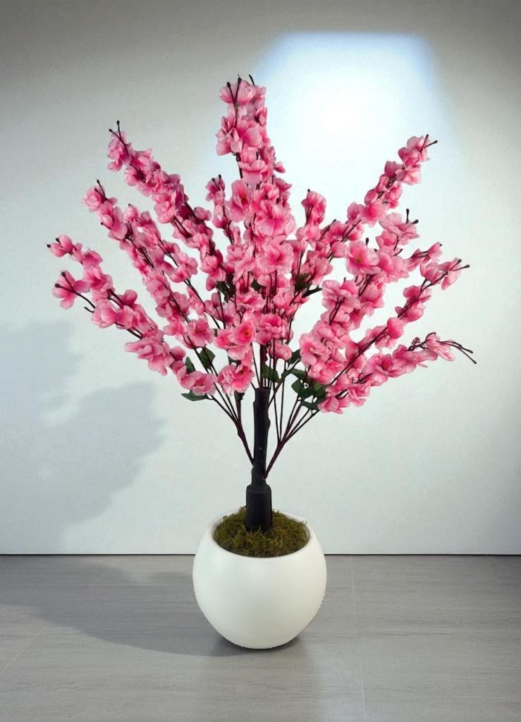 Yapay Ağaç Pembe Bahardalı Ağacı Beyaz Küre Saksıda 100cm Japon Kiraz Çiçeği