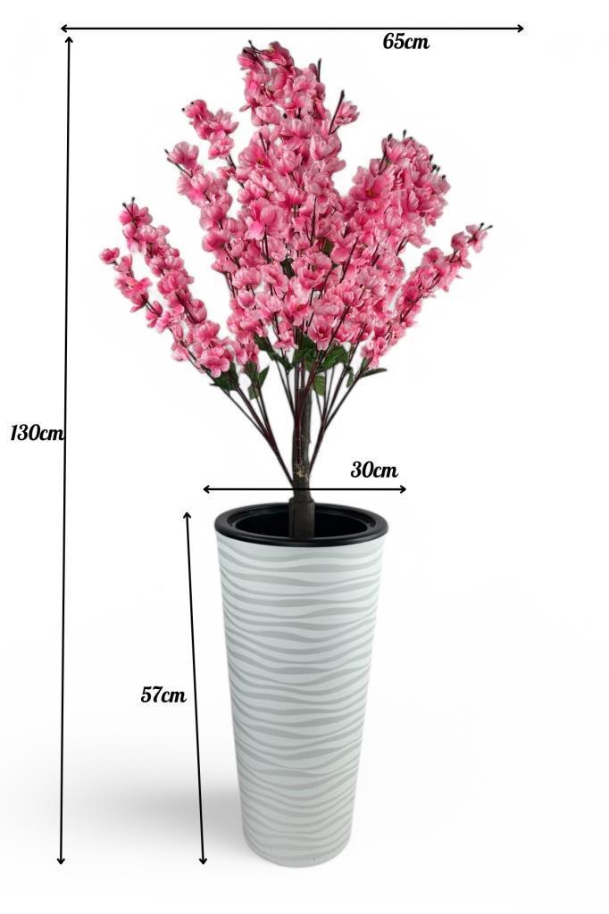 Yapay Ağaç Pembe Bahardalı Ağacı Beyaz Kumsal Vazoda 130cm Japon Kiraz Çiçeği