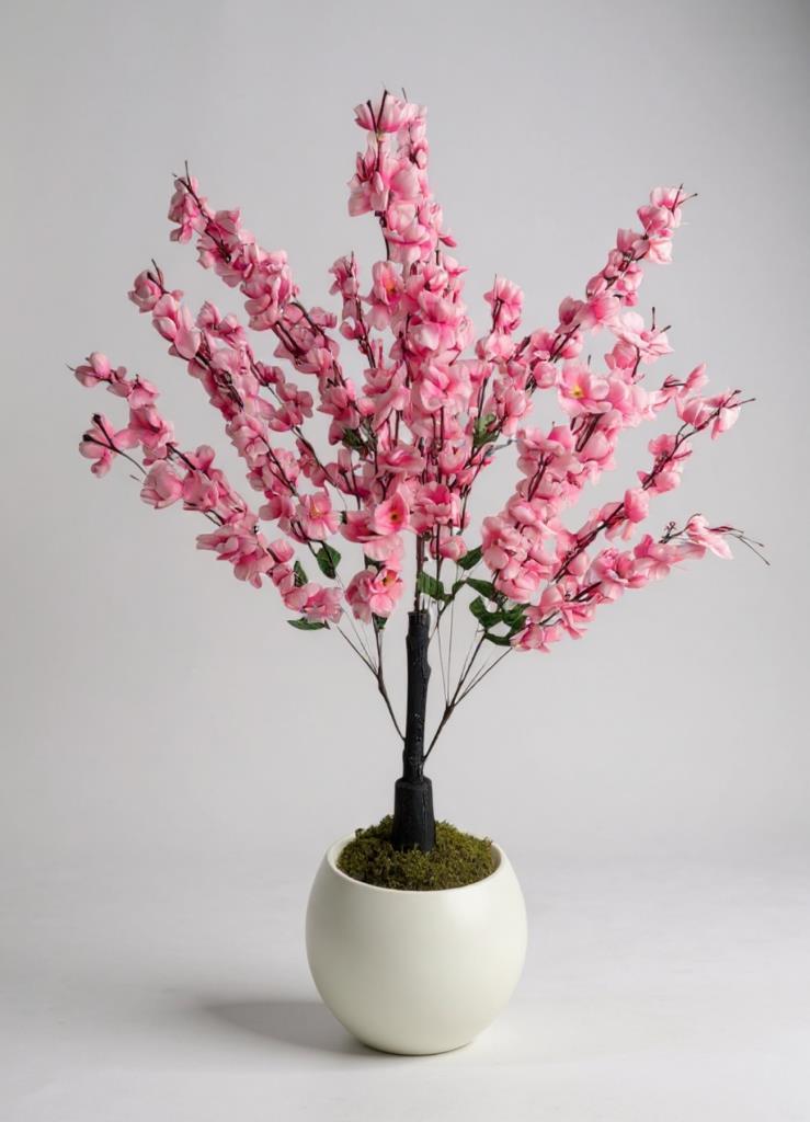 Yapay Ağaç Pembe Bahardalı Ağacı Beyaz Küre Saksıda 100cm Japon Kiraz Çiçeği
