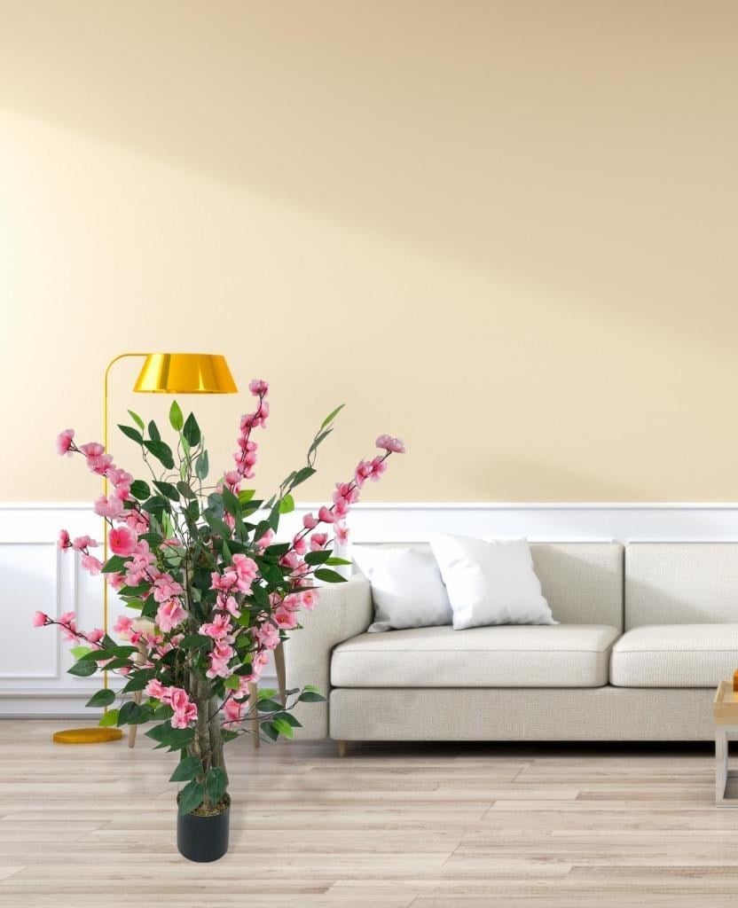 Yapay Ağaç Pembe Bahardalı Elma Çiçeği Ağacı100cm Yeşil Yapraklı 