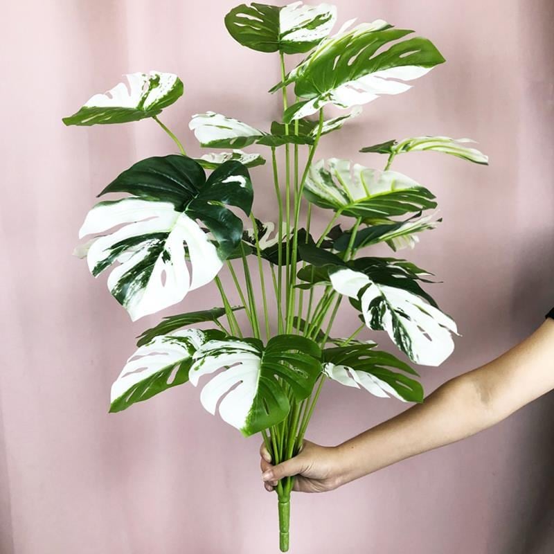 Yapay Ağaç Salon Bitkisi Beyaz Monstera 70 cm 18 Yaprak Antrasit Saksıda Deve Tabanı 