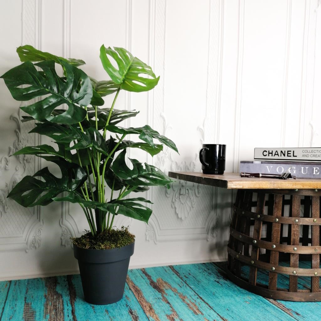 Yapay Ağaç Salon Bitkisi Monstera 60 cm 18 Yaprak Antrasit Saksıda