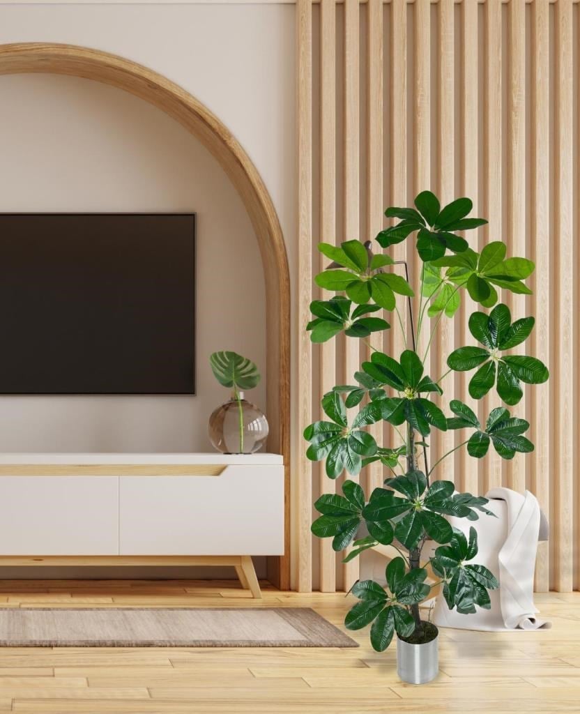 Yapay Ağaç Şeflera 18 Dallı Çalılı Gövde 120x60cm Gümüş Aleminyum Saksıda