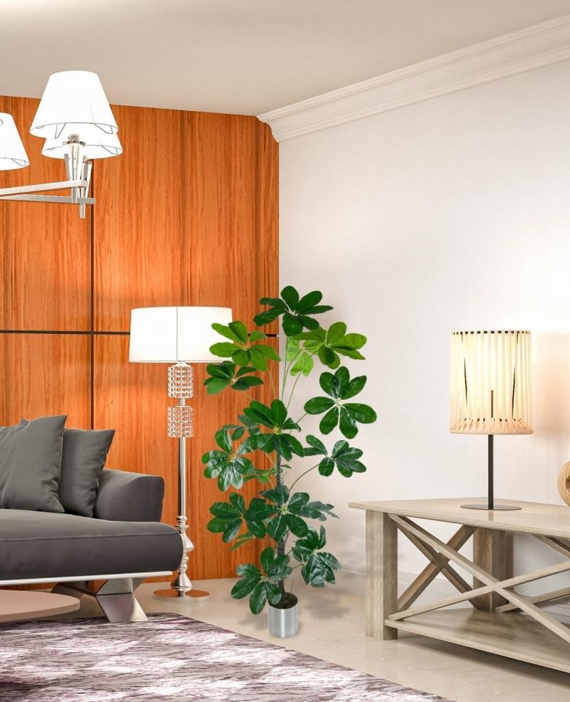 Yapay Ağaç Şeflera 18 Dallı Çalılı Gövde 120x60cm Gümüş Aleminyum Saksıda