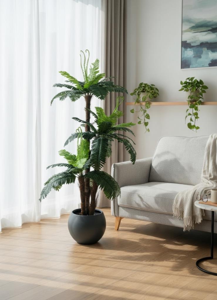 Yapay Ağaç Sıkas Palmiye Ağacı Antrasit Küre Saksıda 120*50cm 45 Yapraklı