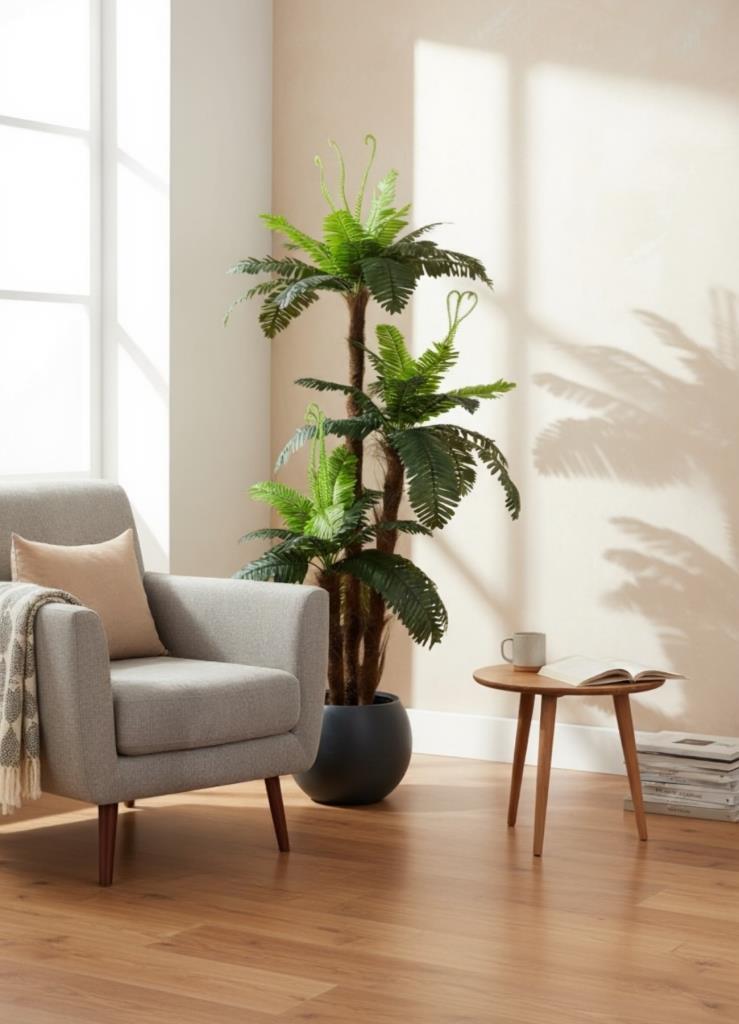 Yapay Ağaç Sıkas Palmiye Ağacı Antrasit Küre Saksıda 120*50cm 45 Yapraklı