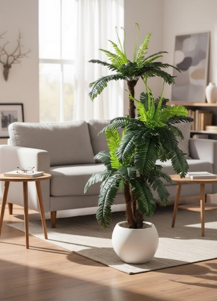 Yapay Ağaç Sıkas Palmiye Ağacı Beyaz Küre Saksıda 120*50cm 45 Yapraklı