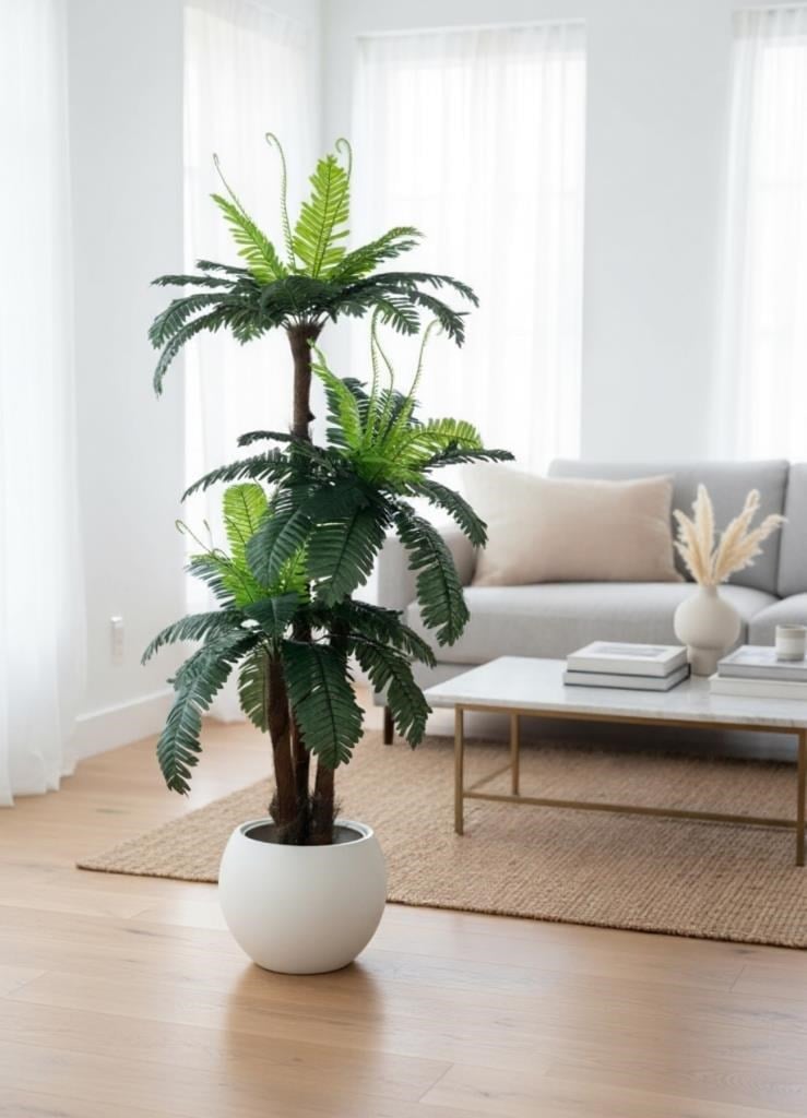 Yapay Ağaç Sıkas Palmiye Ağacı Beyaz Küre Saksıda 120*50cm 45 Yapraklı