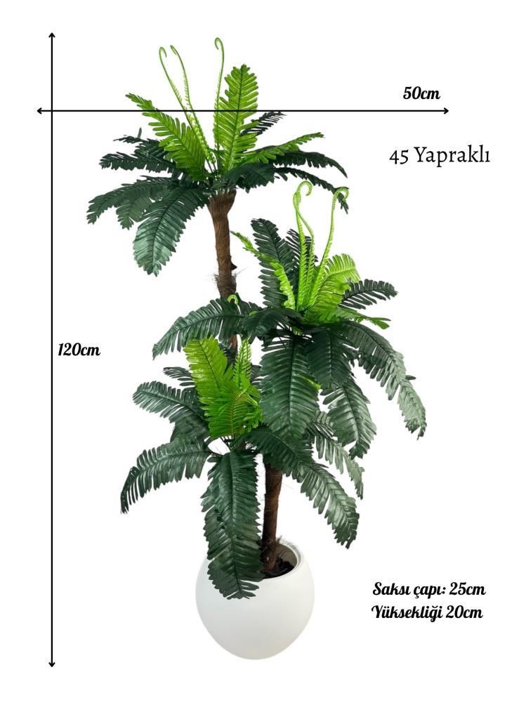 Yapay Ağaç Sıkas Palmiye Ağacı Beyaz Küre Saksıda 120*50cm 45 Yapraklı