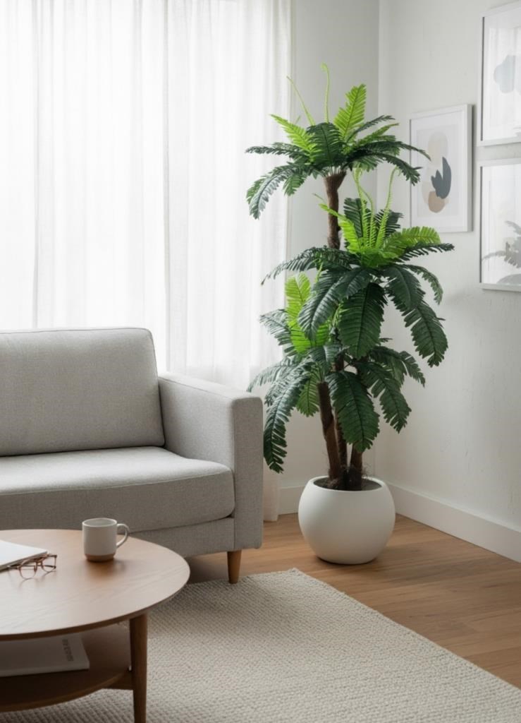 Yapay Ağaç Sıkas Palmiye Ağacı Beyaz Küre Saksıda 120*50cm 45 Yapraklı