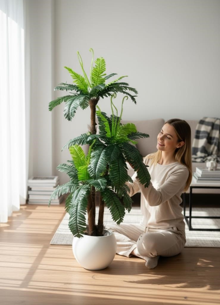 Yapay Ağaç Sıkas Palmiye Ağacı Beyaz Küre Saksıda 120*50cm 45 Yapraklı