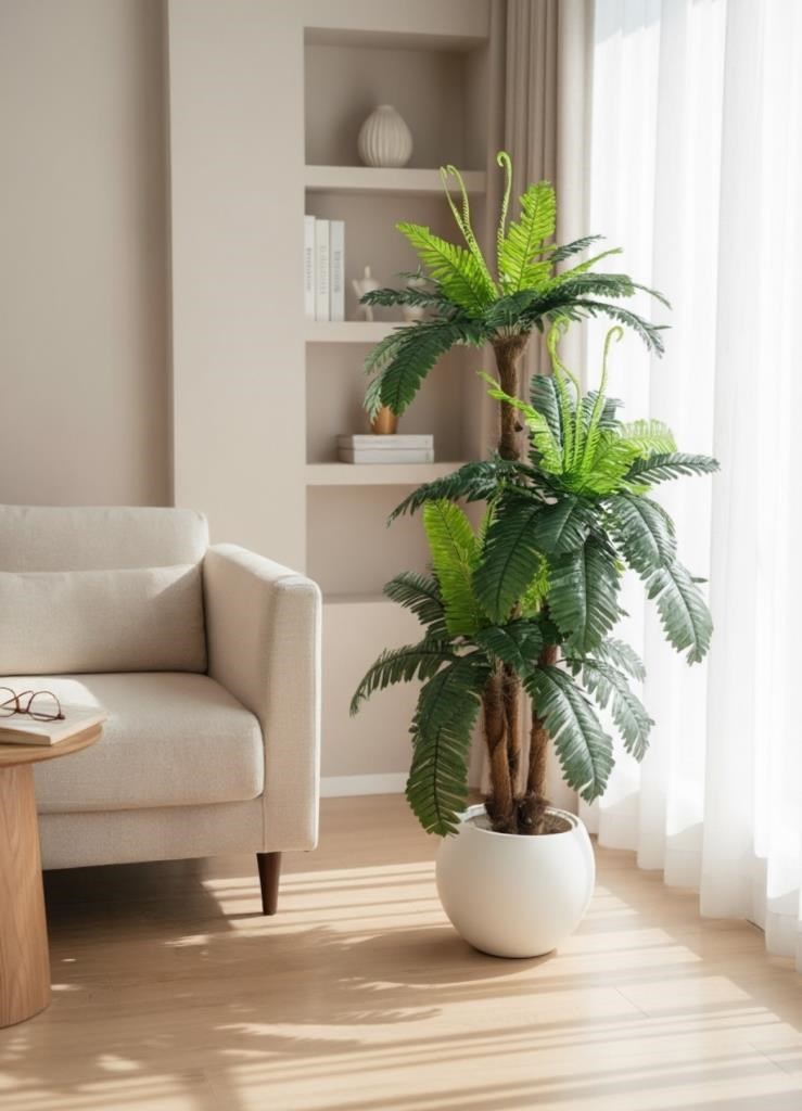 Yapay Ağaç Sıkas Palmiye Ağacı Beyaz Küre Saksıda 120*50cm 45 Yapraklı