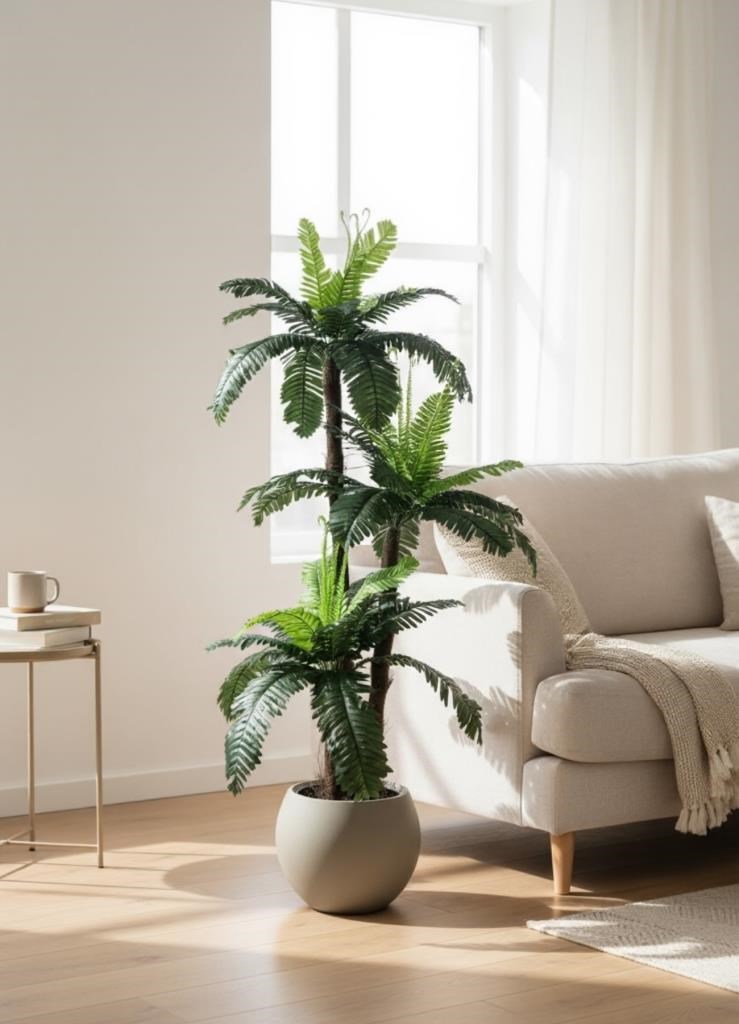 Yapay Ağaç Sıkas Palmiye Ağacı Mokka Küre Saksıda 120*50cm 45 Yapraklı