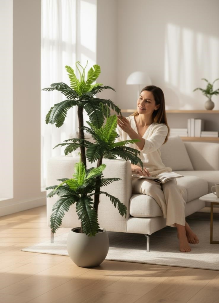Yapay Ağaç Sıkas Palmiye Ağacı Mokka Küre Saksıda 120*50cm 45 Yapraklı