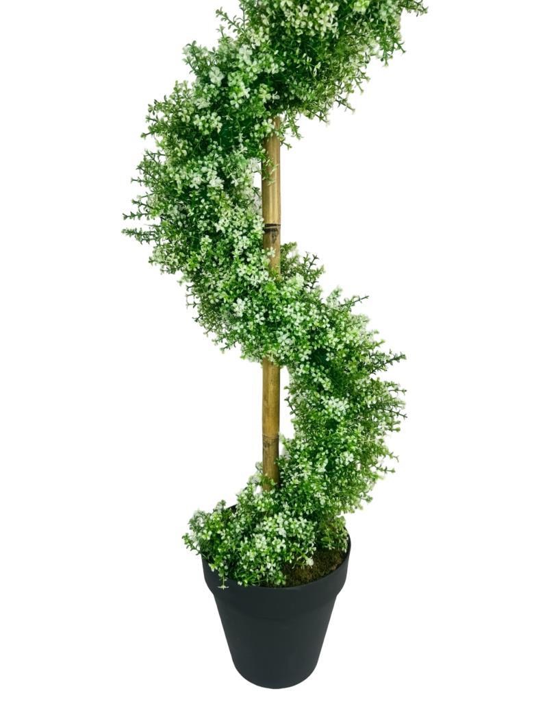 Yapay Ağaç Spiral Beyaz Yonca Şimşir Ağacı 160cm Bambu Saplı Salon Bitkisi