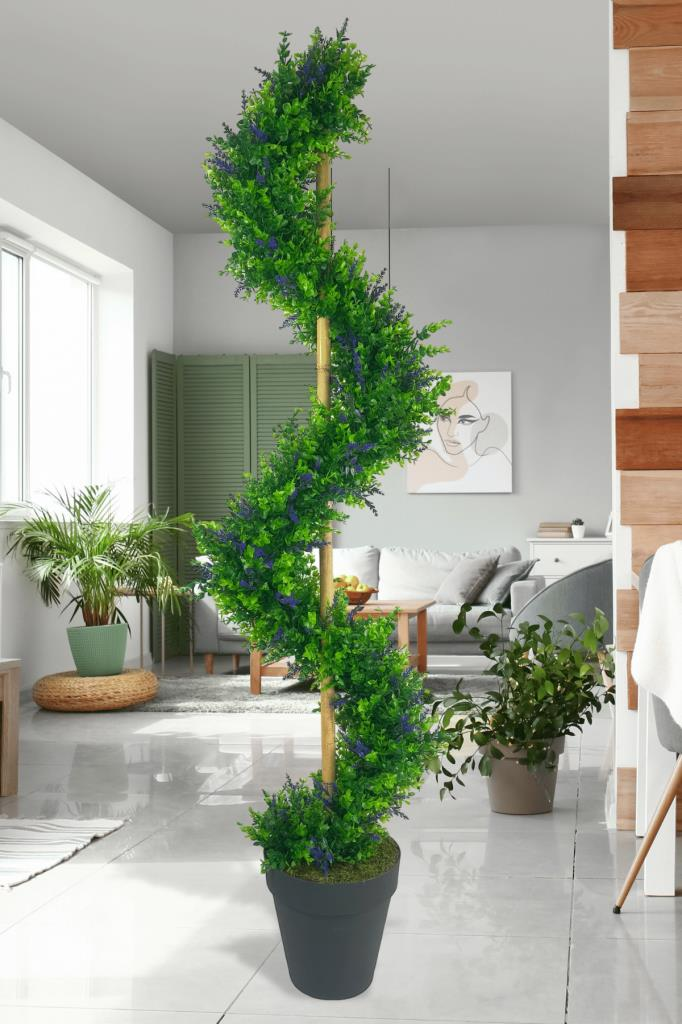 Yapay Ağaç Spiral Mor Lavanta Şimşir Ağacı 160cm Bambu Saplı Salon Bitkisi