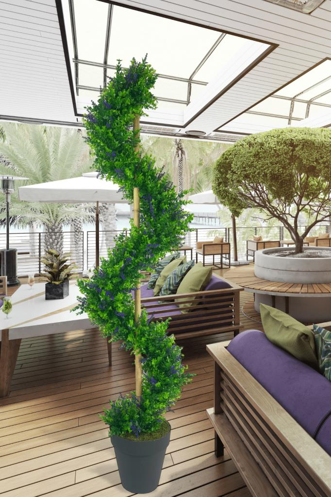 Yapay Ağaç Spiral Mor Lavanta Şimşir Ağacı 160cm Bambu Saplı Salon Bitkisi