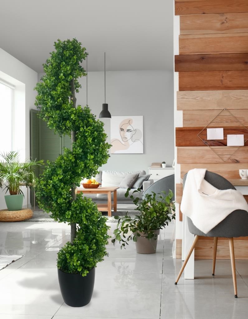 Yapay Ağaç Spiral Şimşir Ağacı 130cm Salon Bitkisi Düz Yeşil 